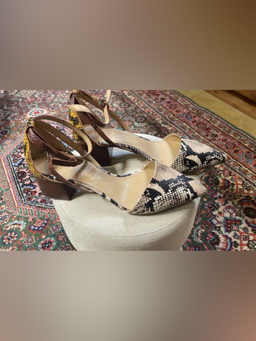 Never worn - Pointed Toe Snake-Print Slingback Heels in Neutral Multicolor